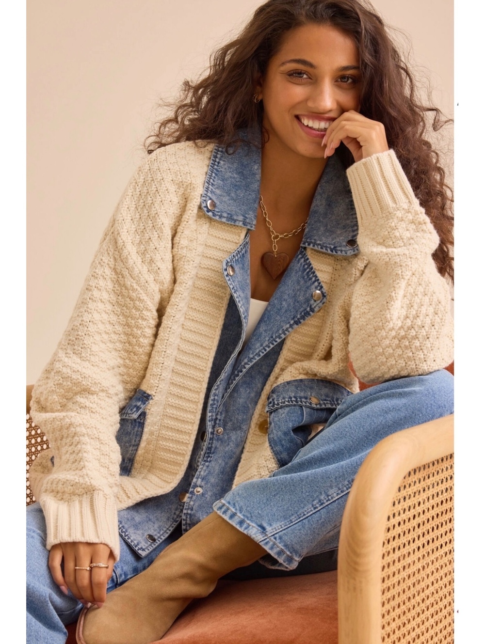 Altar'd State Hadley Cable Denim Mixed Cardigan Womens L Cream Jean Jacket